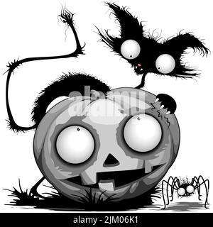Personaggi divertenti Black Cat, Pumpkin e Spider Halloween Cartoon. Illustrazione vettoriale originale protetta da copyright. Illustrazione Vettoriale