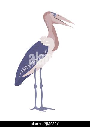 Marabou della cicogna africana dell'uccello. Si leva sui piedi. Becco grande. Animali selvatici di Savannah. Fauna e zoologia. Illustrazione vettoriale piatta isolata su bianco b Illustrazione Vettoriale