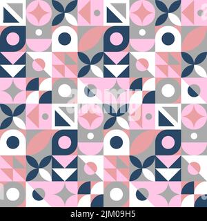 Ripetizione geometrica senza giunture astratta. Stampa stile neo geo, illustrazione vettoriale. Semplice ripetizione di linee e forme sfondo mosaico. Rosa, blu e. Illustrazione Vettoriale