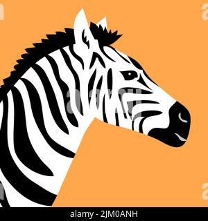 Ritratto di testa di una zebra a strisce. Mammifero herbivorous Hoofed. Animale selvatico africano. Fauna e zoologia. Cartoon vettore illustrazione isolato su arancione ba Illustrazione Vettoriale