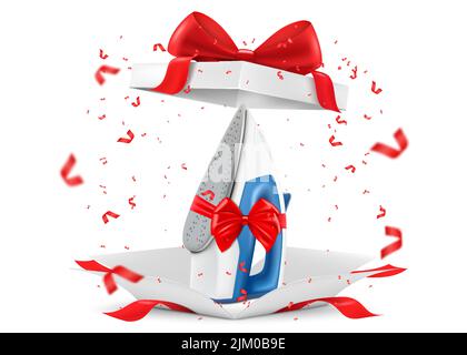 Ferro con nastro rosso e arco all'interno della confezione regalo aperta. 3D rendering. Concetto di regalo. Illustrazione vettoriale realistica isolata su sfondo bianco Illustrazione Vettoriale