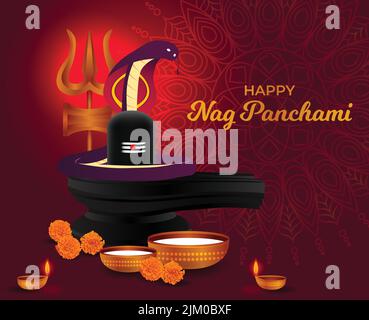 Happy Nag Panchami biglietto di auguri con re cobra serpente, latte, brividi. Hindu adorazione Festival India. Illustrazione vettoriale poster dal design realistico Illustrazione Vettoriale