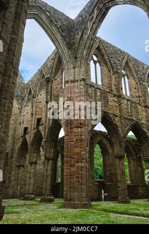 Una vista grafica astratta dei numerosi archi, contrafforti in una giornata buia e nuvolosa. A Tintern Abby vicino a Chepstow, Galles, Regno Unito. Foto Stock