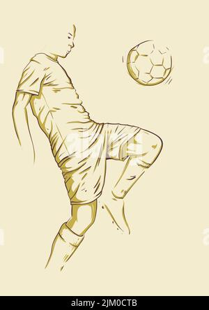 calcio giocatore dribbling palla in aria. a mano non finito disegno di disegno di disegno di stile vettore illustrazione. per annuncio poster, presentazione e pubblicità Illustrazione Vettoriale