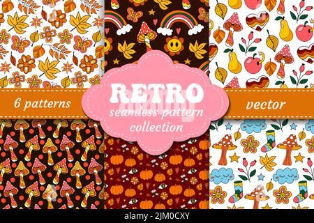 Retro 70s Patterns psichedelici senza giunture set, groovy sfondi hippie. Cartoon funky stampa con fiori e funghi, hippy hipster modello vettore Illustrazione Vettoriale