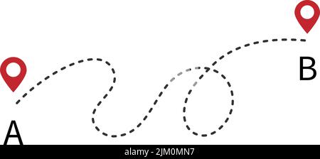 Linea tratteggiata curva dal percorso A al percorso B dall'inizio alla fine illustrazione vettoriale dei punti isolati su sfondo bianco Illustrazione Vettoriale