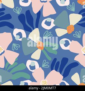 Un motivo floreale astratto senza giunture su sfondo blu Illustrazione Vettoriale