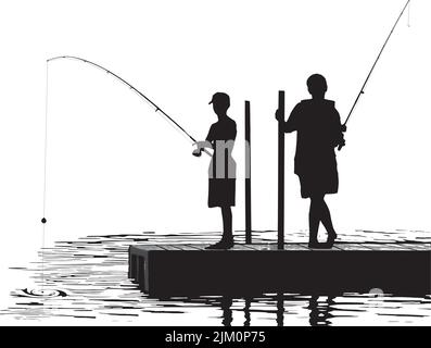 Due fratelli che pescano da un molo in un lago al tramonto. Illustrazione Vettoriale