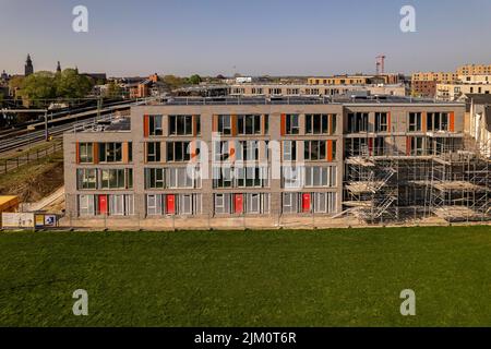 Vista parco esterno facciata aerea di cantiere in Zutphen di investimento immobiliare collettivo edificio Ubuntuplein progetto. Foto Stock