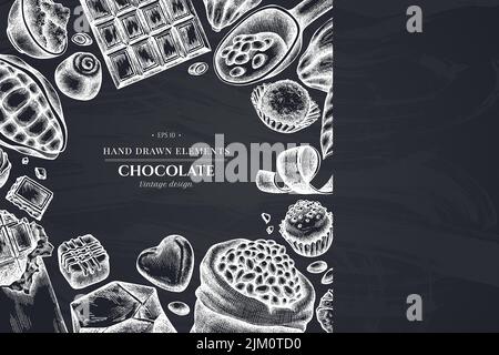 Design monocromatico con gesso di cacao in grani, cacao, cioccolato, caramelle al cioccolato Illustrazione Vettoriale