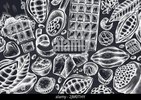 Design monocromatico con gesso di cacao in grani, cacao, cioccolato, caramelle al cioccolato Illustrazione Vettoriale