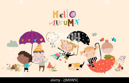 Happy Cartoon Kids meeting Autunno con ombrelloni a colori Illustrazione Vettoriale