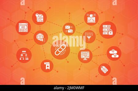 SEO promozione icone illustrazione. Bookmark, Hosting, Hyperlink, Advertisement, trasferimento dati per banner e presentazione di web design. Illustrazione Vettoriale