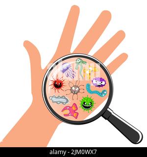 Germi e batteri personaggi sulla mano umana attraverso lente d'ingrandimento. Virus infettivi e microbi con facce arrabbiate sotto la voce. Lenti con agenti patogeni ingranditi. Illustrazione eps vettoriale del concetto di igiene Illustrazione Vettoriale