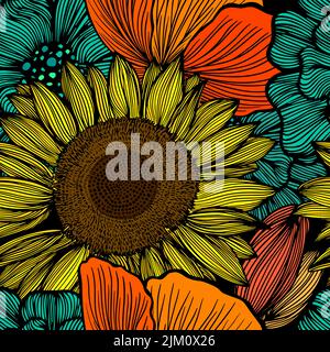 motivo tropicale con elementi disegnati a mano multicolore e sfondo divertente. Fiori senza giunture. Illustrazione vettoriale Illustrazione Vettoriale