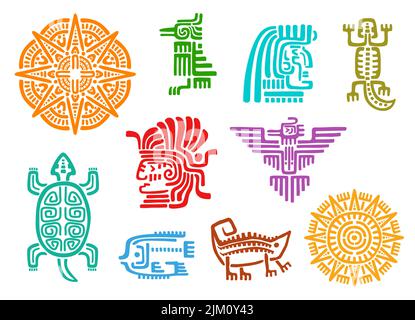 Totem aztec maya, animali vettoriali, uccelli, sole e dio simboli etnici tribali. Antica lucertola messicana, pesce, tartaruga e corvo, stella, aquila e indi autoctoni Illustrazione Vettoriale