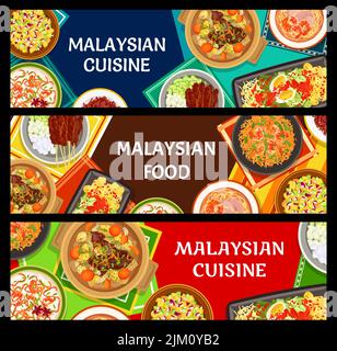 Cucina malese, piatti della Malesia e piatti asiatici del ristorante, banner vettoriali. Cucina malese gourmet piatti autentici di carne, frutti di mare Illustrazione Vettoriale