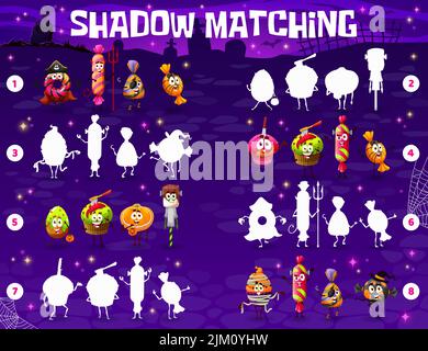 Shadow Matching gioco foglio di lavoro, cartone animato Halloween caramelle personaggi. Puzzle vettoriale di educazione dei bambini con trucco o trattare il cibo dolce, gioco di cervello, indovinello Illustrazione Vettoriale