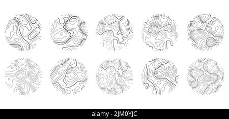 Set di anelli ad albero. Tessitura del legno con linee topografiche. Motivi ondulati organici. Illustrazione del doodle vettoriale. Illustrazione Vettoriale