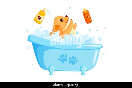 Cane che grooming in un bagno con shampoo per animali domestici. Giocoso puppy chihuahua nel servizio di grooming. Illustrazione vettoriale in stile carino cartoon Illustrazione Vettoriale