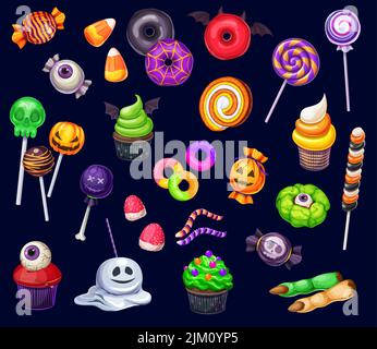 Cartone animato Halloween dolci, cupcakes, lollypops, ciambelle, mais caramella, cookie witch fingers. I bambini del vettore trick o trick del partito i dessert della zucca o del fantasma, Illustrazione Vettoriale