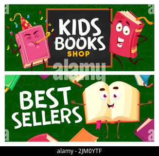 Cartoon libri per bambini e negozio bestseller. Banner vettoriali con simpatici personaggi di libri di carta o bestseller con faccina sorridente felice, copertina a colori e bo Illustrazione Vettoriale