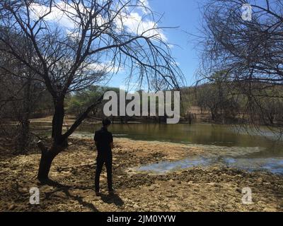Una silhouette di un uomo in piedi di fronte ad un lago in un parco Foto Stock