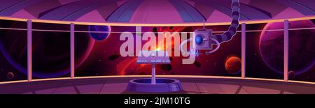 Interno del centro di controllo della navicella spaziale, cabina capitano con pannello hud del data center e grandi finestre con vista del pianeta esploso o stella nel cosmo. Cabina di pilotaggio futuristica per veicoli spaziali, illustrazione vettoriale Cartoon Illustrazione Vettoriale