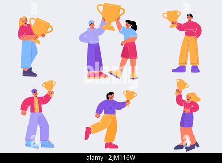Buon popolo con coppe trofei, vincitori con calici premio First Place per la vittoria in sport o imprese successi. I personaggi celebrano la vittoria, la competizione, il premio, il successo, il set vettoriale piatto Line art Illustrazione Vettoriale