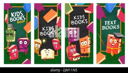 Libri per bambini, libri di testo e bestseller, personaggi cartoni animati, banner vettoriali. Librerie o librerie sfondi per libri scuola negozio con divertente sorridente Illustrazione Vettoriale
