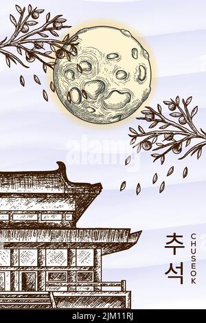 il poster verticale di korea chuseok disegnato a mano con il palazzo della corea appare a mezza luna e piena Illustrazione Vettoriale