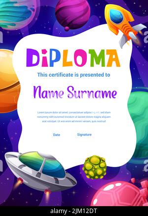 Pianeti spazio cartoni animati, UFO e stellato, certificato di diploma Vector Kids. Scuola o scuola materna diploma di apprezzamento con razzi spaziali e sau alieno Illustrazione Vettoriale