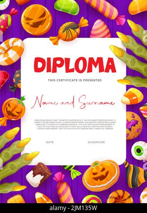 Diploma di Halloween per bambini. Caramelle cartoon, biscotti e dolci. Halloween dolcetti creepy su bambini certificato vettore di graduazione, bulbo oculare spooky, dito Illustrazione Vettoriale