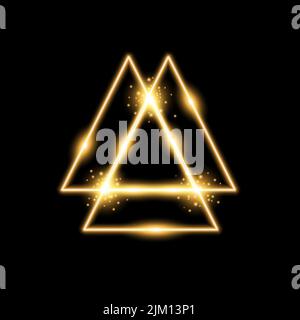 effetto luce triangolare, laser, scintille, luci al neon su sfondo nero, colore dorato Illustrazione Vettoriale