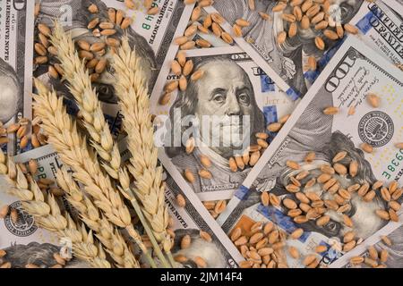 Banconote da cento dollari con spighe di grano e grano. Concetto di crisi alimentare globale. Aumento dei prezzi di cibo e pane Foto Stock