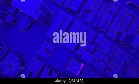 Vista dall'alto sulla città metaverse. Città ciberpunk ultravioletta. 3d rappresentazione illustrazione Foto Stock