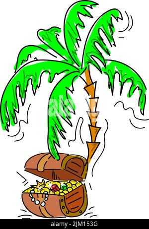 Un tesoro con una palma, disegnato a mano in stile doodle. Monete antiche, corona e gemme. Aprire il torace. Tesoro. Pirati. Vettore stile piatto. Suitab Illustrazione Vettoriale