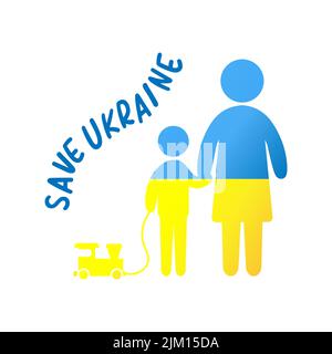 figura di una madre con un bambino nei colori della bandiera Ucraina e l'iscrizione salvare Ucraina Illustrazione Vettoriale