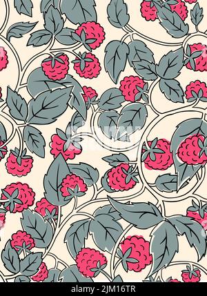 Raspberry Coloring Book modello senza cuciture. Countour nero su sfondo bianco. Illustrazione vettoriale. Illustrazione Vettoriale