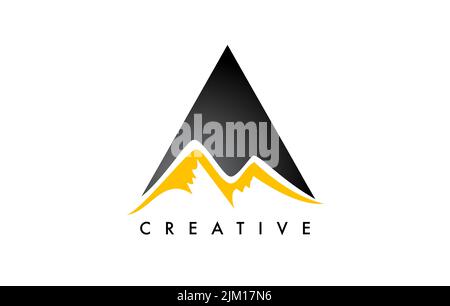 Un logo icona Letter Mountain. Lettera A con Mountain Peaks e Black Yellow Shape Vector Illustration. Illustrazione Vettoriale