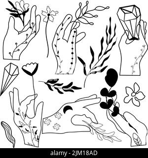 Linea magico cristallo in mano, fiori e foglie. Cristalli mistici, stregoneria magica su sfondo bianco. Logo di bellezza. Vettore. Illustrazione Vettoriale