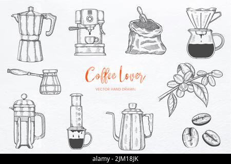 collezione coffee lover set con disegno a mano del vettore Foto Stock