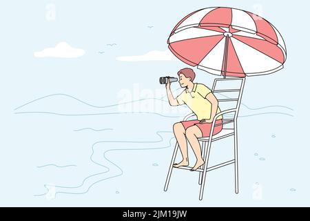 Bagnino maschile seduto su sedia sulla spiaggia guardando in binocolo. Uomo salvagente sulla torre in riva al mare. Salvatore di sicurezza e aiuto al mare . Illustrazione vettoriale. Illustrazione Vettoriale