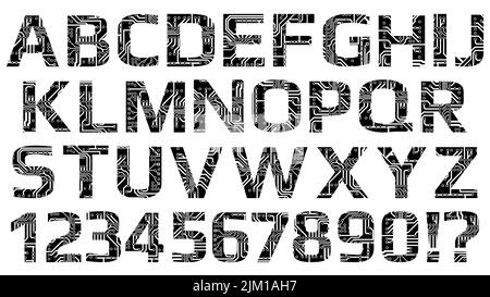 Set di alfabeti digitali latini perforati con binari per circuito stampato isolati su bianco. Sagome con lettere maiuscole nere per il mondo digitale moderno. Illustrazione Vettoriale