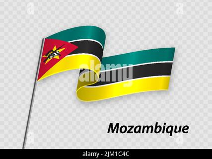 Bandiera del Mozambico sventola sul flagpole. Modello per il design Independence Day Illustrazione Vettoriale