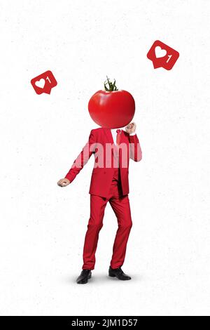 Collage di banner verticali di uomo danza testa di pomodoro vestito isolato su pittura sfondo bianco colore Foto Stock