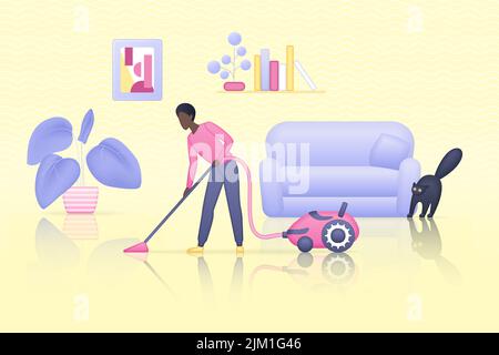 Pulizia delle persone nel soggiorno di casa, pulizia della polvere e dei rifiuti dal pavimento con aspirapolvere. Tipo che aspira in interni con mobili e illustrazione vettoriale Cat 3D. Pulizia, concetto di assistenza Illustrazione Vettoriale