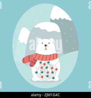 Biglietto di Natale con orso bianco in sciarpa che regge ghirlata. Illustrazione vettoriale in stile disegno a mano. Illustrazione Vettoriale