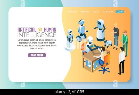 Intelligenza artificiale vs modello di sito web umano landing page. Illustrazione isometrica vettoriale della macchina robot e del braccio uomo. Illustrazione Vettoriale