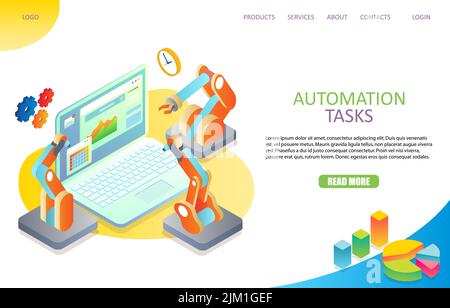 Modello del sito Web della landing page di Task Automation. Illustrazione isometrica vettoriale di laptop e robot braccia, ingranaggi, orologio intorno ad esso. Automazione del flusso di lavoro con Illustrazione Vettoriale